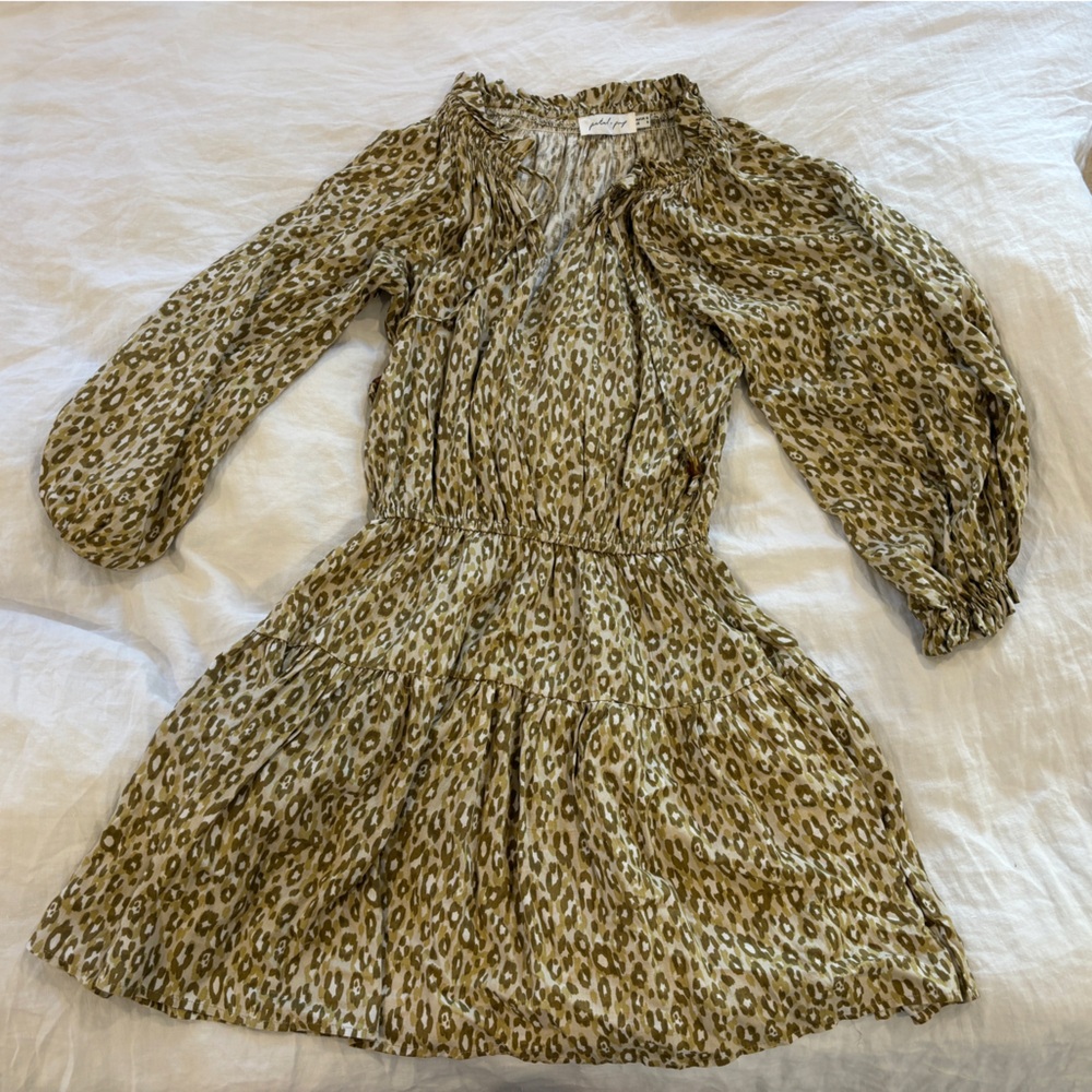 Petal & Pup Green and Tan Bishop Sleeve Mini Sundress